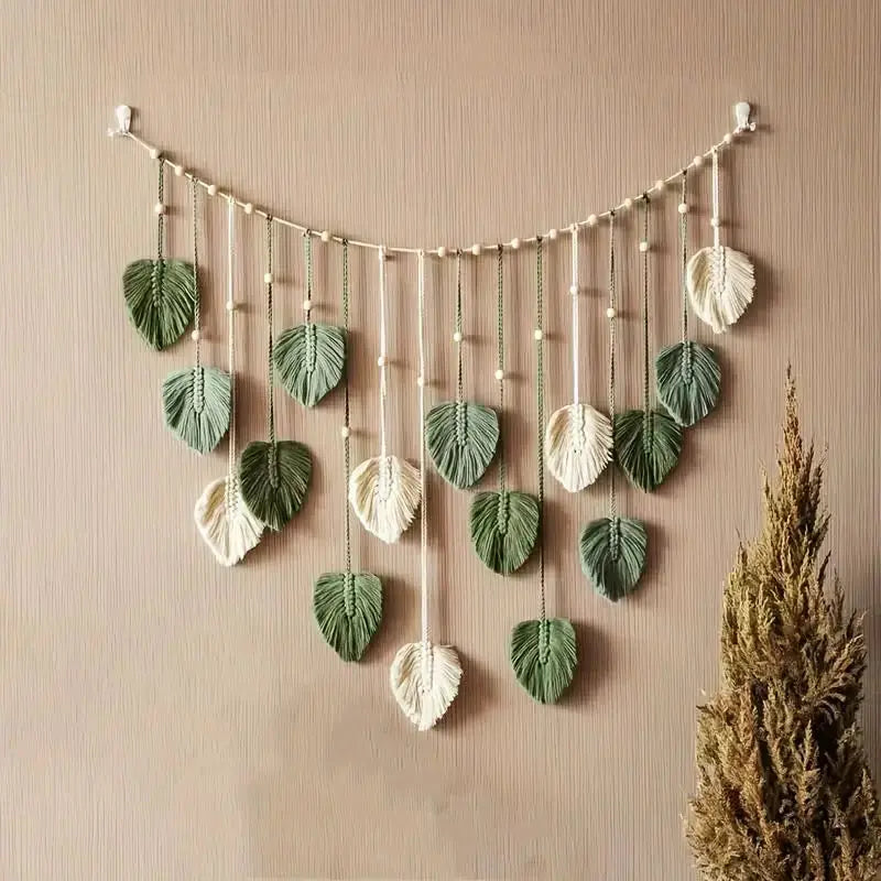 Boho Home Decoration Macrame Leaf Feather Wall Hanging Decor for Living Room Bedroom,