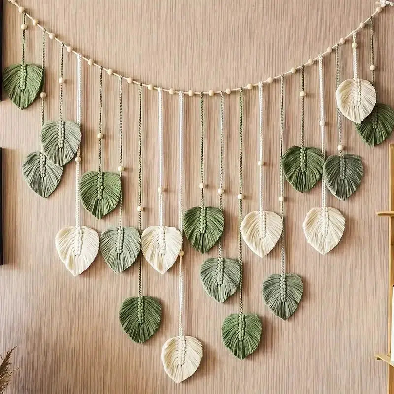 Boho Home Decoration Macrame Leaf Feather Wall Hanging Decor for Living Room Bedroom,