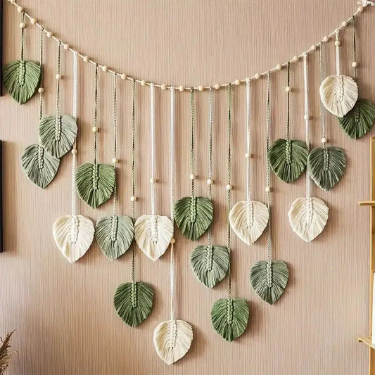 Boho Home Decoration Macrame Leaf Feather Wall Hanging Decor for Living Room Bedroom,