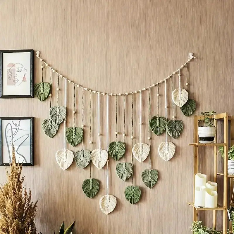 Boho Home Decoration Macrame Leaf Feather Wall Hanging Decor for Living Room Bedroom,